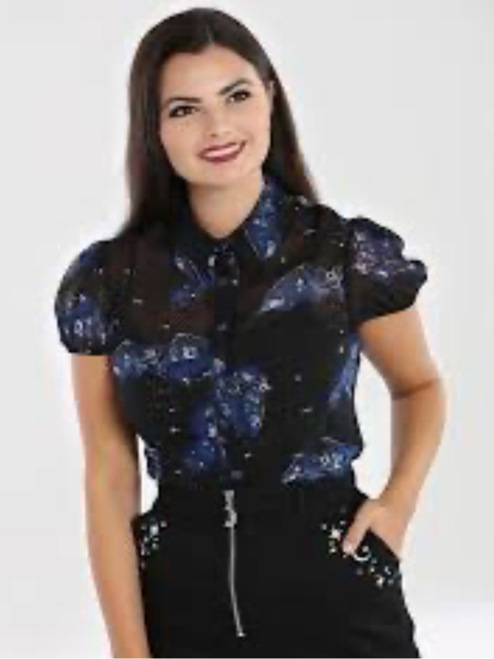 Hell Bunny Black Blouse with Blue twilight with bats Print